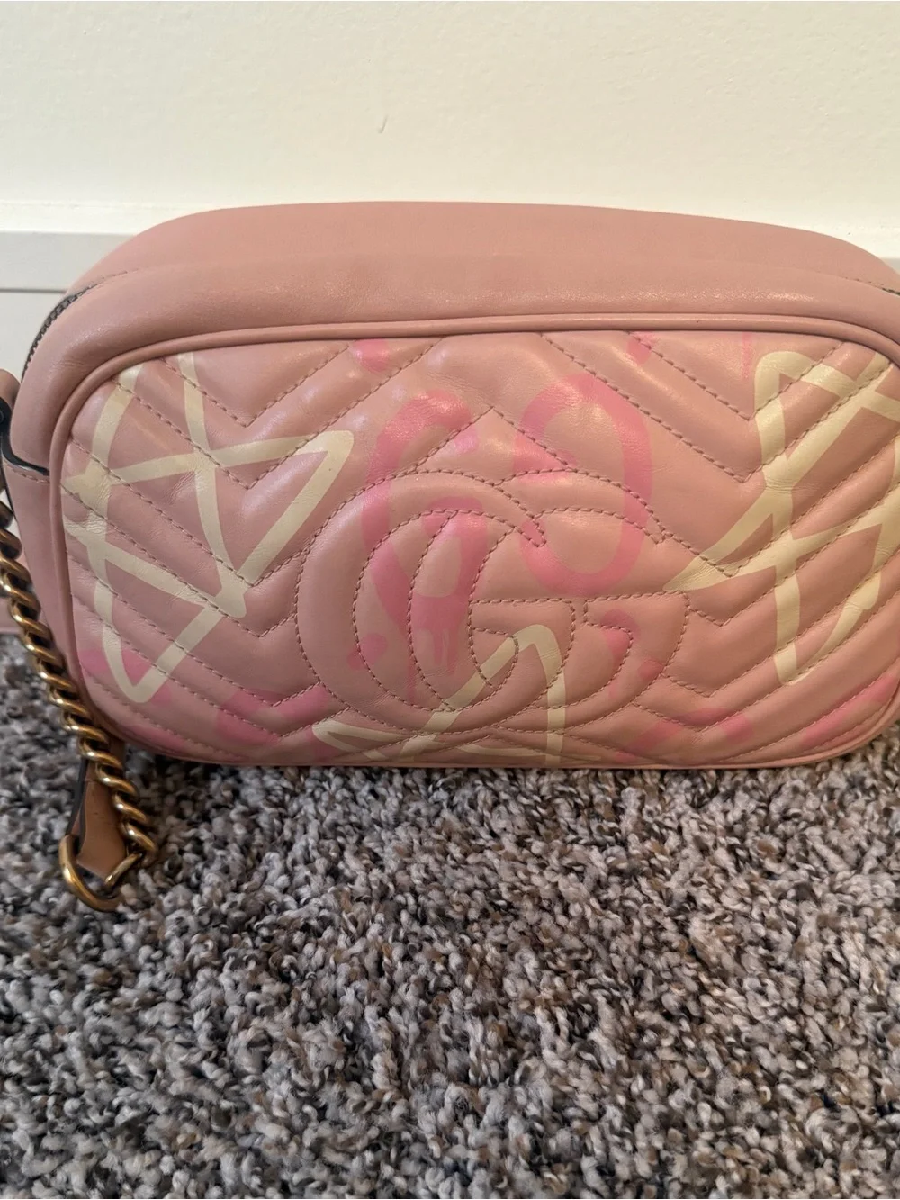 Gucci Pink Quilted GG Marmont Crossbody Bag with Cream Accents